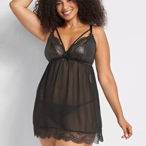 Cacique Foil Lace Strappy No Wire Babydoll Panty 2Pc Nightie Set Black~$59.99